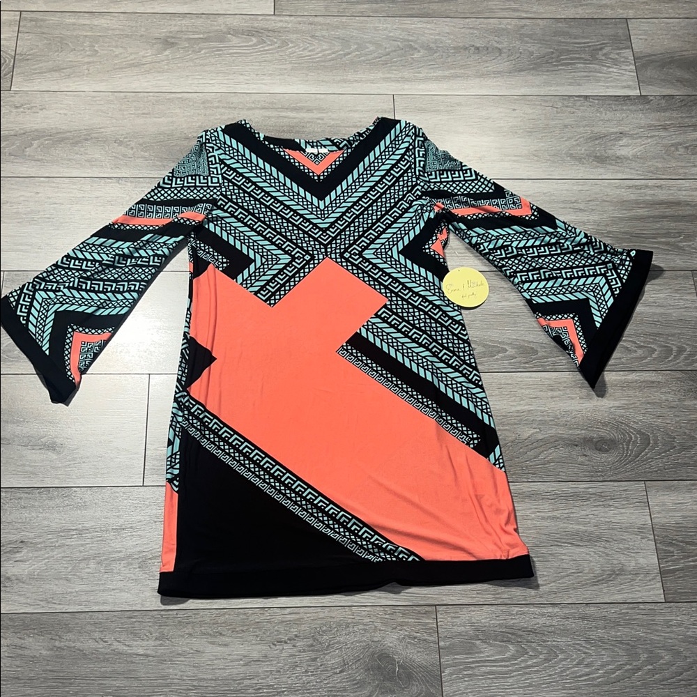 Geometric Patterned Dress with Bell Sleeves